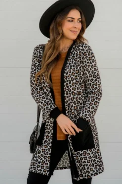 Sale Dear-Lover Leopard Patched Pocket Open Front Cardigan Black