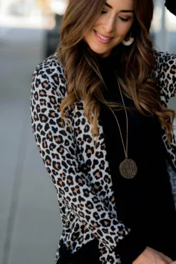 Sale Dear-Lover Leopard Patched Pocket Open Front Cardigan Black