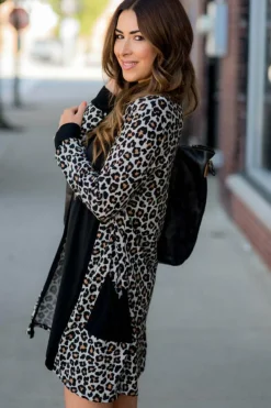 Sale Dear-Lover Leopard Patched Pocket Open Front Cardigan Black