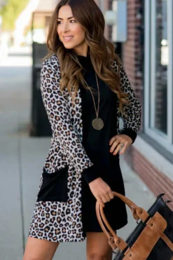 Sale Dear-Lover Leopard Patched Pocket Open Front Cardigan Black