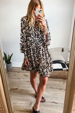 Online Dear-Lover Leopard Print Buttoned Front 3/4 Sleeve Tiered Ruffled Hem Dress Black