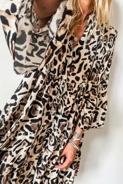 Online Dear-Lover Leopard Print Buttoned Front 3/4 Sleeve Tiered Ruffled Hem Dress Black