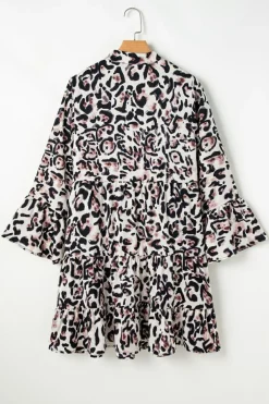 Online Dear-Lover Leopard Print Buttoned Front 3/4 Sleeve Tiered Ruffled Hem Dress Black