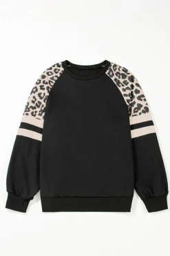 Outlet Dear-Lover Leopard Print Colorblock Raglan Sleeve Sweatshirt Black
