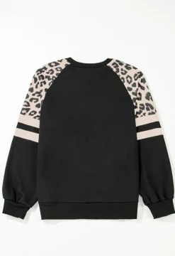 Outlet Dear-Lover Leopard Print Colorblock Raglan Sleeve Sweatshirt Black