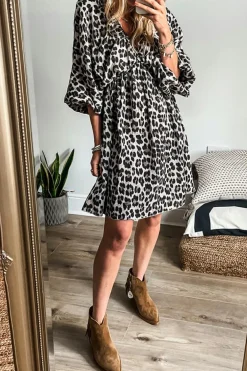 Sale Dear-Lover Leopard Print Elasticated V Neck 3/4 Puff Sleeve Dress Black