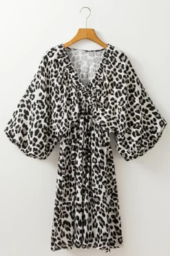 Sale Dear-Lover Leopard Print Elasticated V Neck 3/4 Puff Sleeve Dress Black