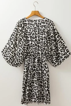 Sale Dear-Lover Leopard Print Elasticated V Neck 3/4 Puff Sleeve Dress Black