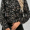 Online Dear-Lover Leopard Print Lantern Sleeve Mock Neck Pleated Blouse Black
