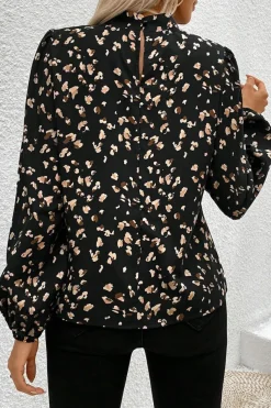 Online Dear-Lover Leopard Print Lantern Sleeve Mock Neck Pleated Blouse Black