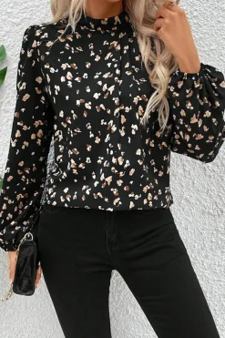 Online Dear-Lover Leopard Print Lantern Sleeve Mock Neck Pleated Blouse Black
