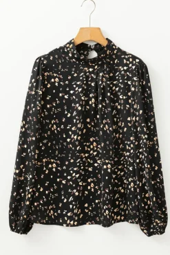 Online Dear-Lover Leopard Print Lantern Sleeve Mock Neck Pleated Blouse Black