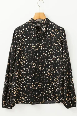 Online Dear-Lover Leopard Print Lantern Sleeve Mock Neck Pleated Blouse Black