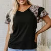 Fashion Dear-Lover Leopard Print Patchwork Ruffled Sleeve V Neck T Shirt Black