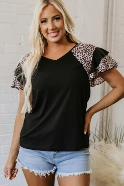 Fashion Dear-Lover Leopard Print Patchwork Ruffled Sleeve V Neck T Shirt Black