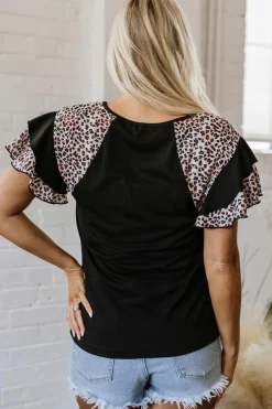 Fashion Dear-Lover Leopard Print Patchwork Ruffled Sleeve V Neck T Shirt Black