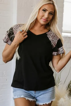 Fashion Dear-Lover Leopard Print Patchwork Ruffled Sleeve V Neck T Shirt Black