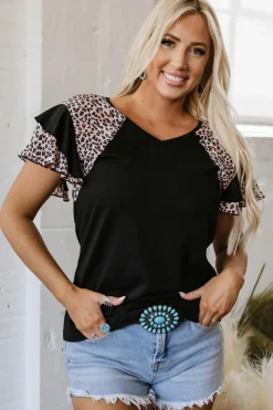 Fashion Dear-Lover Leopard Print Patchwork Ruffled Sleeve V Neck T Shirt Black