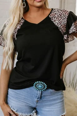 Fashion Dear-Lover Leopard Print Patchwork Ruffled Sleeve V Neck T Shirt Black