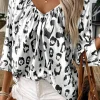 Online Dear-Lover Leopard Print Ruched V Neck 3/4 Sleeve Blouse Black