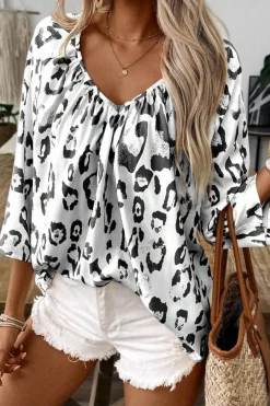 Online Dear-Lover Leopard Print Ruched V Neck 3/4 Sleeve Blouse Black