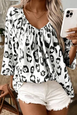 Online Dear-Lover Leopard Print Ruched V Neck 3/4 Sleeve Blouse Black