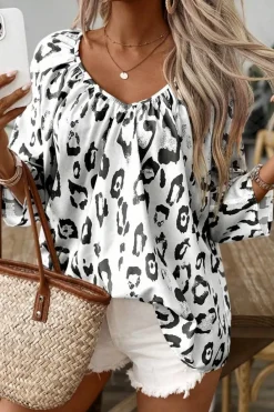 Online Dear-Lover Leopard Print Ruched V Neck 3/4 Sleeve Blouse Black