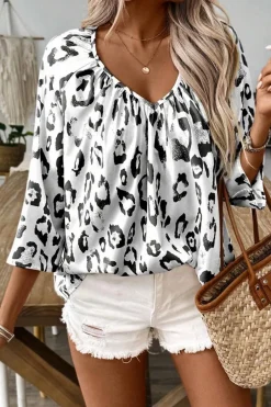 Online Dear-Lover Leopard Print Ruched V Neck 3/4 Sleeve Blouse Black