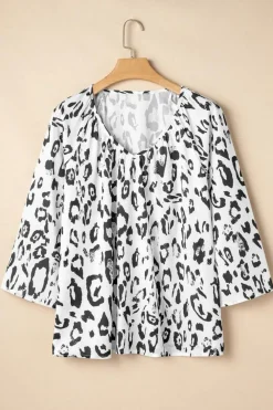 Online Dear-Lover Leopard Print Ruched V Neck 3/4 Sleeve Blouse Black