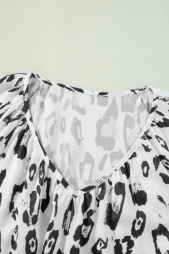 Online Dear-Lover Leopard Print Ruched V Neck 3/4 Sleeve Blouse Black