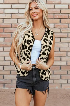 Hot Dear-Lover Leopard Print Sherpa Vest Coat Black