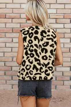 Hot Dear-Lover Leopard Print Sherpa Vest Coat Black
