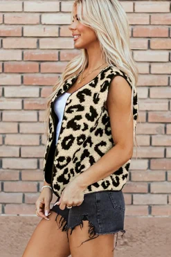 Hot Dear-Lover Leopard Print Sherpa Vest Coat Black