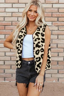 Hot Dear-Lover Leopard Print Sherpa Vest Coat Black