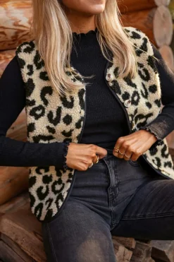Hot Dear-Lover Leopard Print Sherpa Vest Coat Black