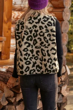 Hot Dear-Lover Leopard Print Sherpa Vest Coat Black