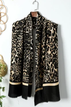 Discount Dear-Lover Leopard Printed Raw Edge Warm Scarf Black