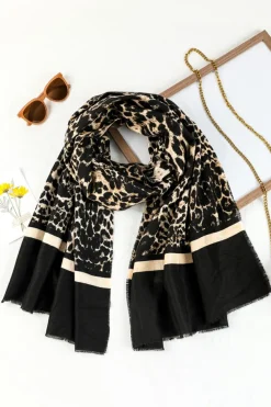 Discount Dear-Lover Leopard Printed Raw Edge Warm Scarf Black