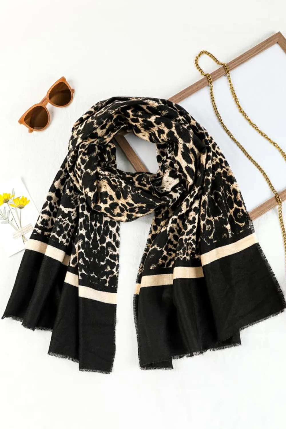Discount Dear-Lover Leopard Printed Raw Edge Warm Scarf Black