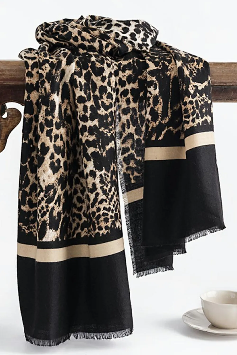 Discount Dear-Lover Leopard Printed Raw Edge Warm Scarf Black
