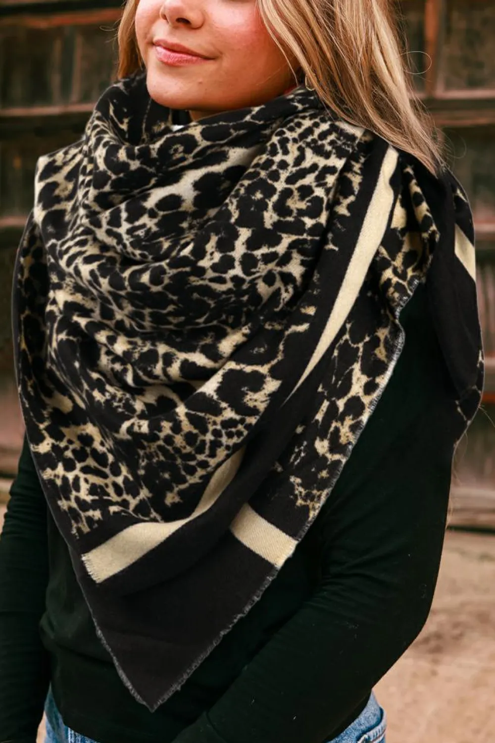 Discount Dear-Lover Leopard Printed Raw Edge Warm Scarf Black