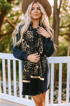 Discount Dear-Lover Leopard Printed Raw Edge Warm Scarf Black