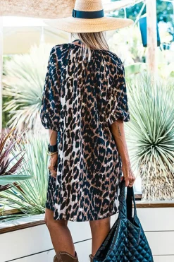 Online Dear-Lover Leopard Puff Sleeve Buttons Front Shirt Dress Black