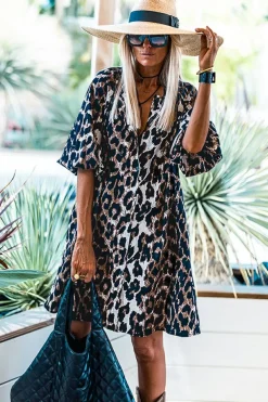 Online Dear-Lover Leopard Puff Sleeve Buttons Front Shirt Dress Black