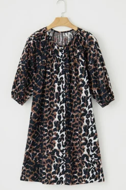 Online Dear-Lover Leopard Puff Sleeve Buttons Front Shirt Dress Black