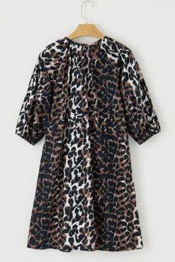 Online Dear-Lover Leopard Puff Sleeve Buttons Front Shirt Dress Black