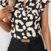 Online Dear-Lover Leopard Ruffled Flutter Sleeve Split Neck Blouse Black