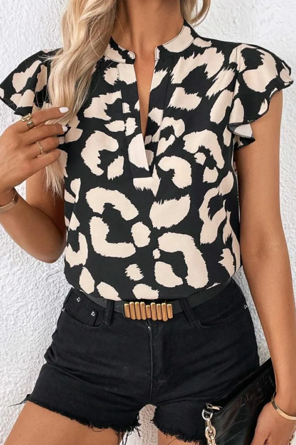 Online Dear-Lover Leopard Ruffled Flutter Sleeve Split Neck Blouse Black