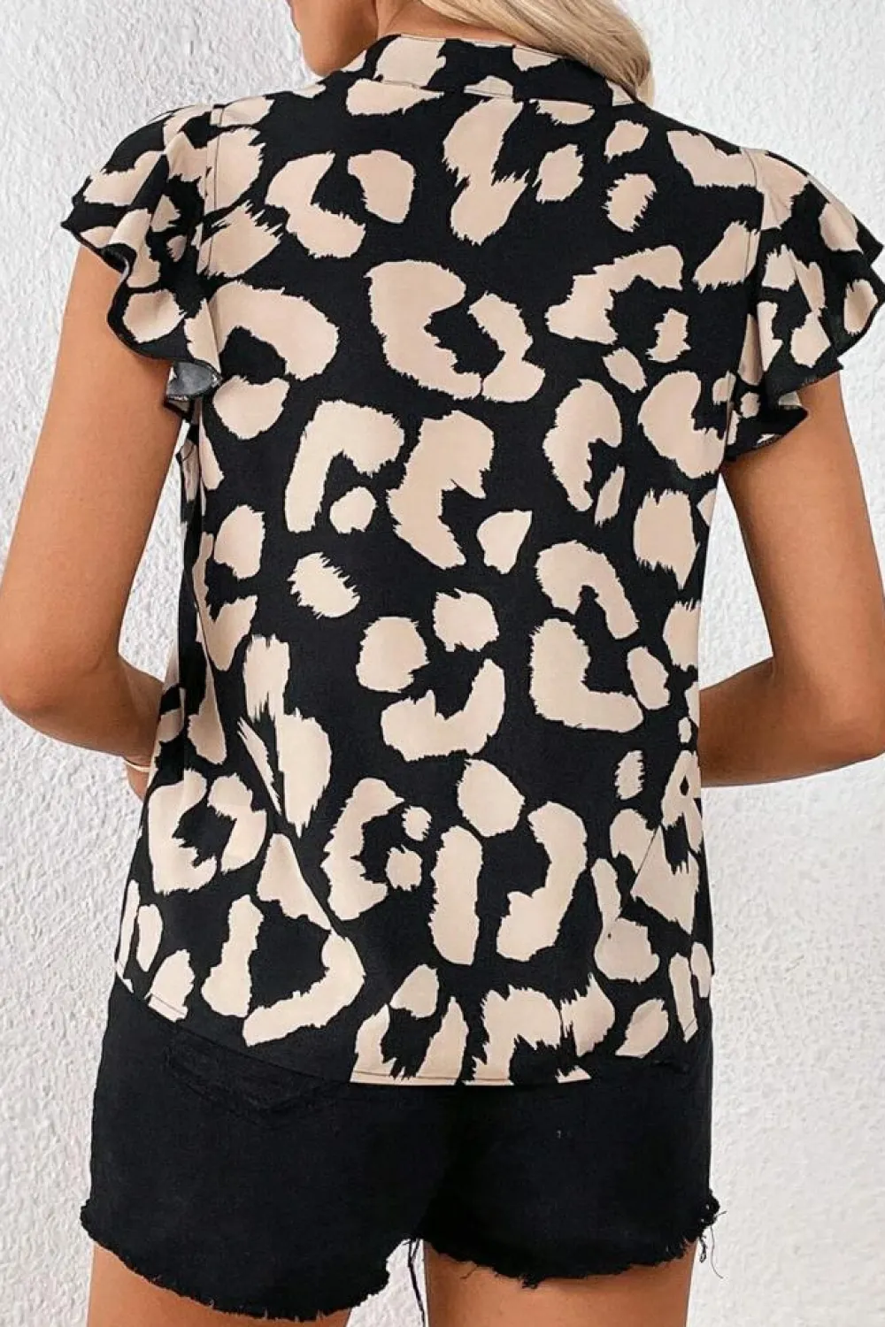 Online Dear-Lover Leopard Ruffled Flutter Sleeve Split Neck Blouse Black