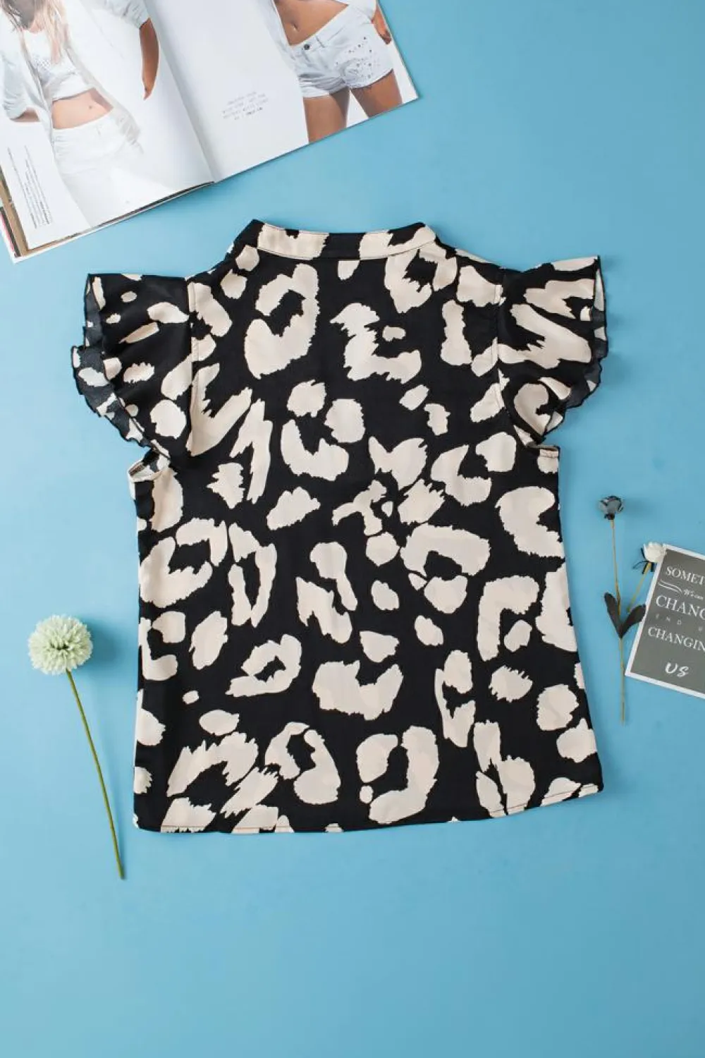 Online Dear-Lover Leopard Ruffled Flutter Sleeve Split Neck Blouse Black